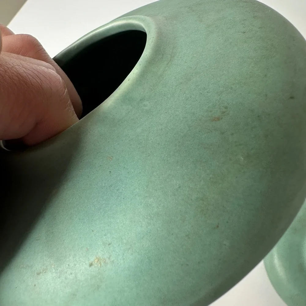 2 Art‎ Pottery Matte Green Low Profile Round Vases MCM Style Unmarked 2